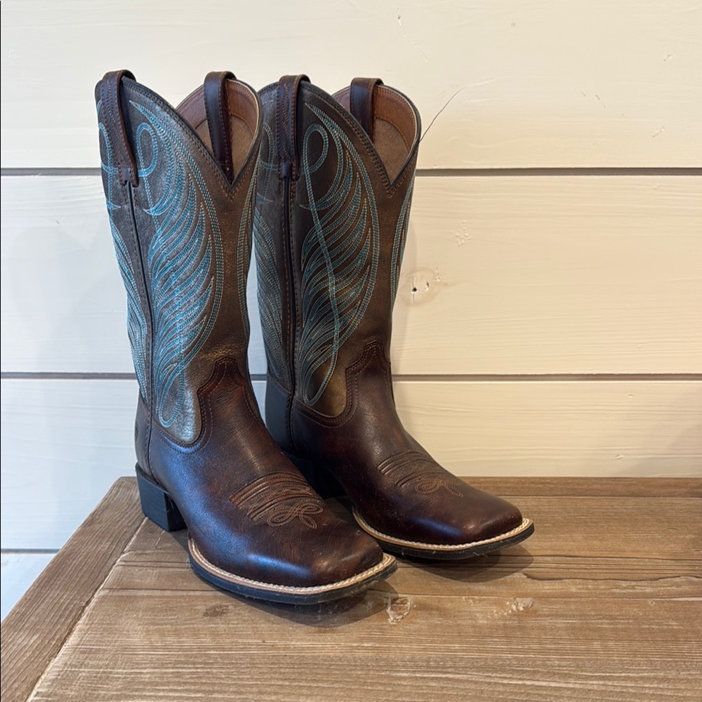 Ariat Brown Leather Boots with Blue Accents